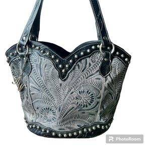 America West black and grey hand tooled leather purse